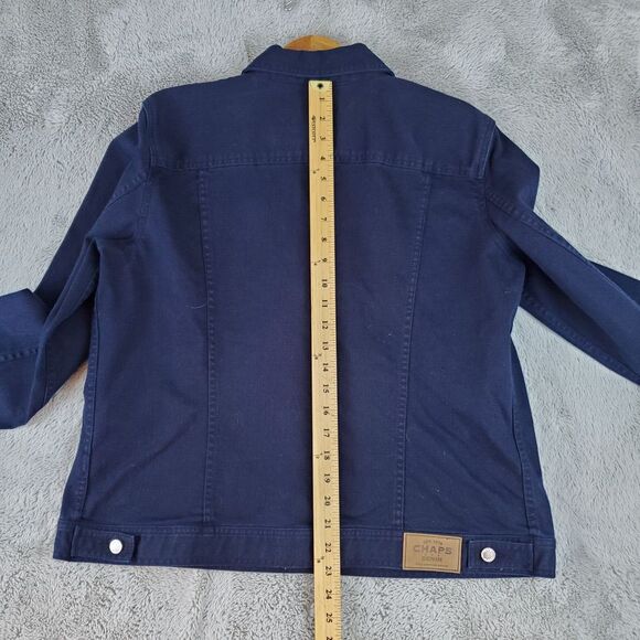 Chaps Denim Jacket Women XL Navy Blue Trucker Style Harrington Button Front Coat - Picture 9 of 10